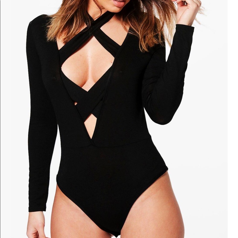 Boohoo black tie front bodysuit